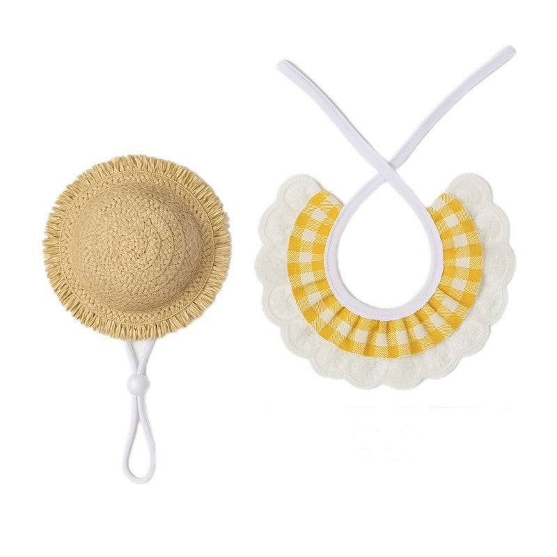 Khaki and Yellow 2 Sets Adorable Porch Goose & Small Pet Costume Set - 2 Summer Straw Hat & 2 Gingham Bib - Factory Direct Shop