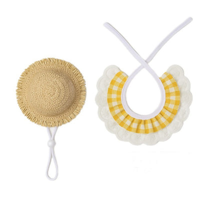 Khaki and Yellow 2 Sets Adorable Porch Goose & Small Pet Costume Set - 2 Summer Straw Hat & 2 Gingham Bib - Factory Direct Shop