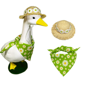 2 Sets Khaki and Green Daisy Delight Porch Goose & Small Pet Costume - 2 Summer Straw Hat & 2 Floral Bandana Set - Factory Direct Shop