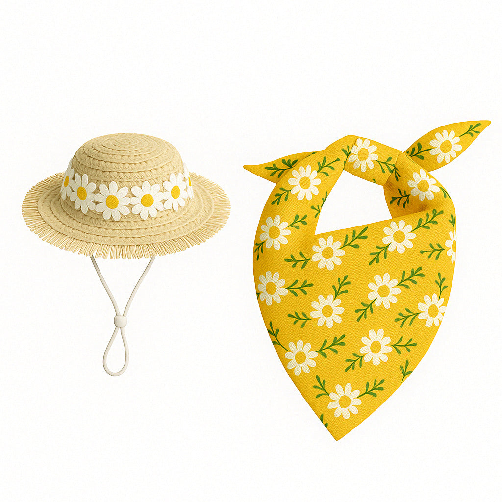 2 Sets Khaki and Yellow Daisy Delight Porch Goose & Small Pet Costume - 2 Summer Straw Hat & 2 Floral Bandana Set - Factory Direct Shop