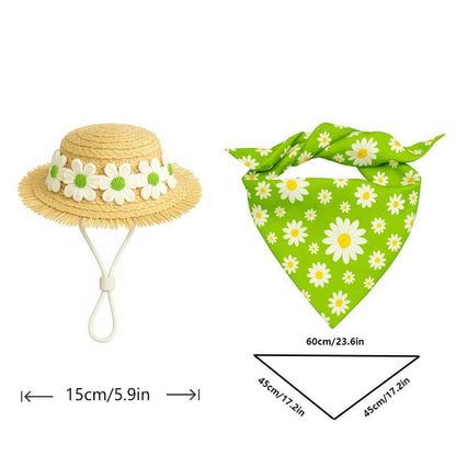 2 Sets Khaki and Yellow Daisy Delight Porch Goose & Small Pet Costume - 2 Summer Straw Hat & 2 Floral Bandana Set - Factory Direct Shop
