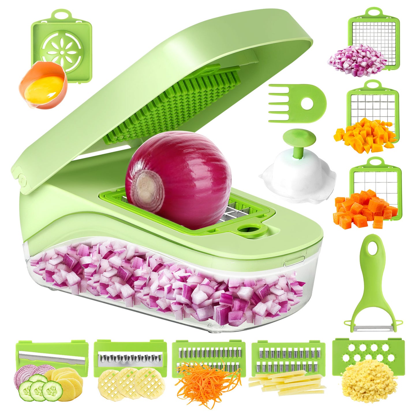 Green Versatile 14-in-1 Vegetable Chopper & Slicer Set - Multi-functional Kitchen Mandoline Dicer & Grater