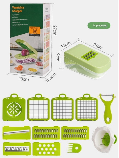 Green Versatile 14-in-1 Vegetable Chopper & Slicer Set - Multi-functional Kitchen Mandoline Dicer & Grater