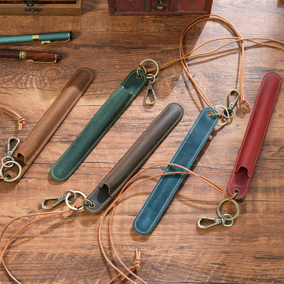 Green Vintage Top - Grain Leather Pen Sleeve Holder with Neck Strap - Protective Single Pen Case - Factory Direct Shop