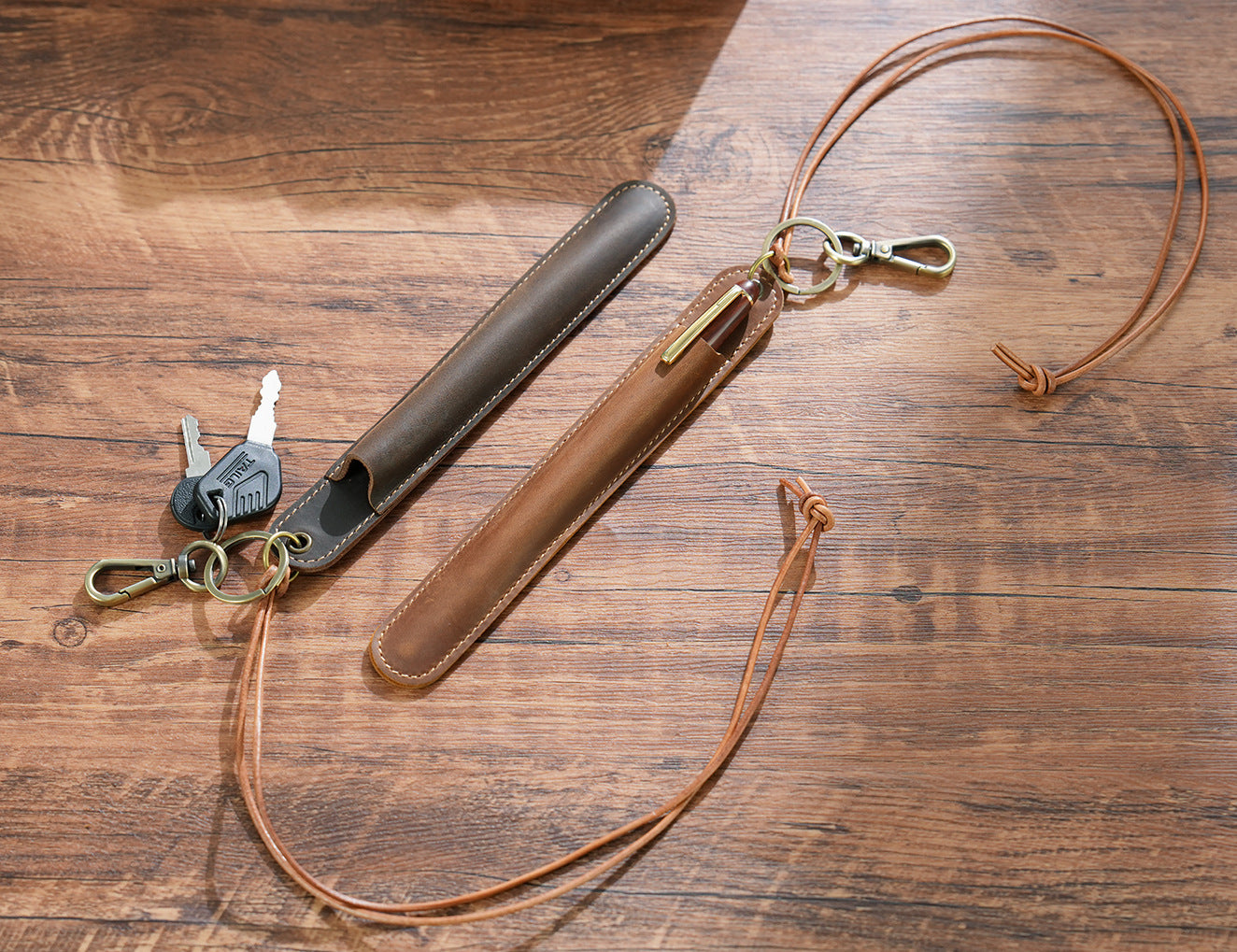 Green Vintage Top - Grain Leather Pen Sleeve Holder with Neck Strap - Protective Single Pen Case - Factory Direct Shop