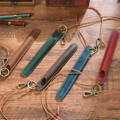 Red Vintage Top - Grain Leather Pen Sleeve Holder with Neck Strap - Protective Single Pen Case - Factory Direct Shop