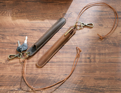 Red Vintage Top - Grain Leather Pen Sleeve Holder with Neck Strap - Protective Single Pen Case - Factory Direct Shop