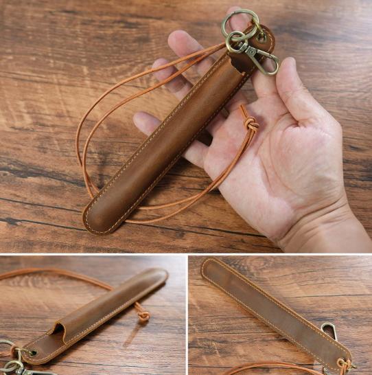 Red Vintage Top - Grain Leather Pen Sleeve Holder with Neck Strap - Protective Single Pen Case - Factory Direct Shop