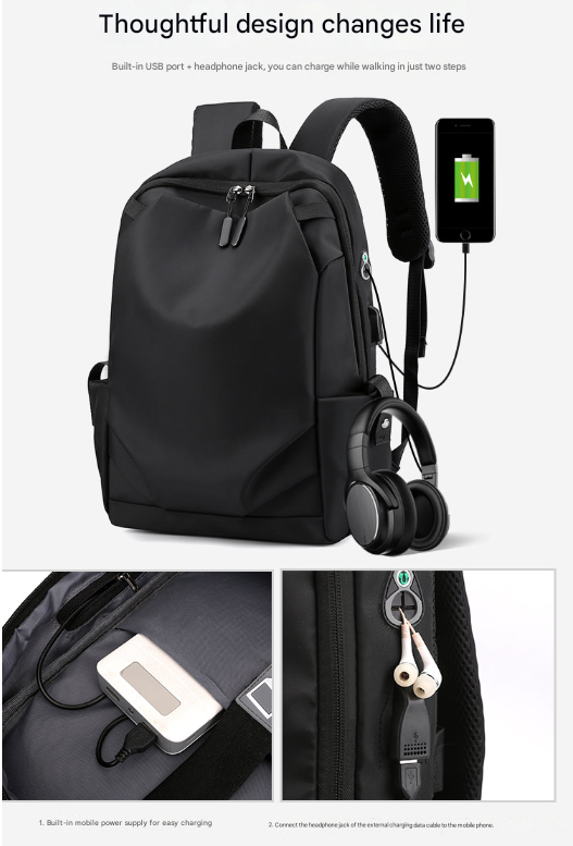 Black Modern Anti-Theft Laptop Backpack with USB Charging Port - Water-Repellent Travel & Business Bag for 15.6 Inch Laptops