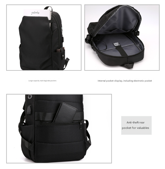 Black Modern Anti-Theft Laptop Backpack with USB Charging Port - Water-Repellent Travel & Business Bag for 15.6 Inch Laptops