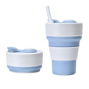 2 Pcs White and Blue 350ml Collapsible Silicone Travel Cup - Portable, Leak - Proof & Food - Grade Drinking Mug with Lid, Insulating Sleeve & Straw - Factory Direct Shop