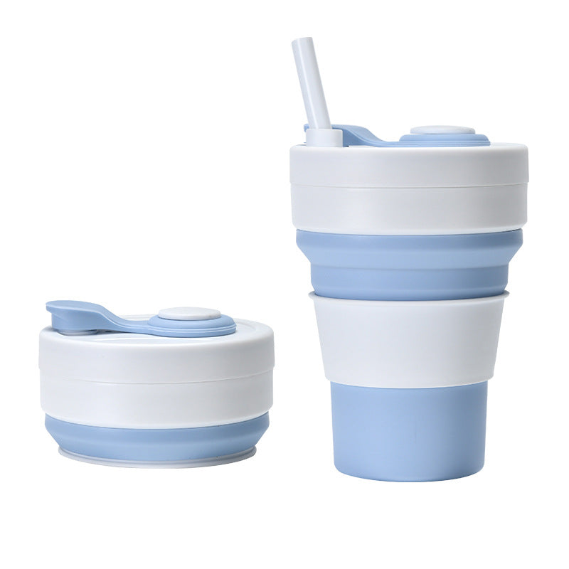 2 Pcs White and Blue 350ml Collapsible Silicone Travel Cup - Portable, Leak - Proof & Food - Grade Drinking Mug with Lid, Insulating Sleeve & Straw - Factory Direct Shop