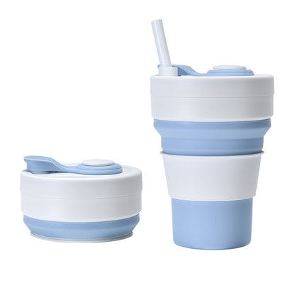 2 Pcs White and Blue 350ml Collapsible Silicone Travel Cup - Portable, Leak - Proof & Food - Grade Drinking Mug with Lid, Insulating Sleeve & Straw - Factory Direct Shop