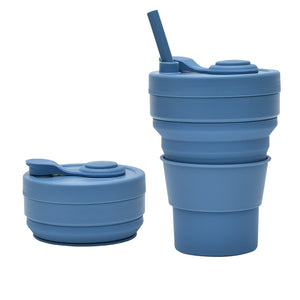 2 Pcs Dark Blue 350ml Collapsible Silicone Travel Cup - Portable, Leak - Proof & Food - Grade Drinking Mug with Lid, Insulating Sleeve & Straw - Factory Direct Shop
