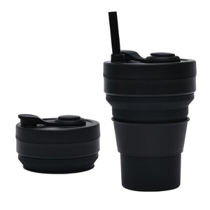 2 Pcs Black 350ml Collapsible Silicone Travel Cup - Portable, Leak - Proof & Food - Grade Drinking Mug with Lid, Insulating Sleeve & Straw - Factory Direct Shop