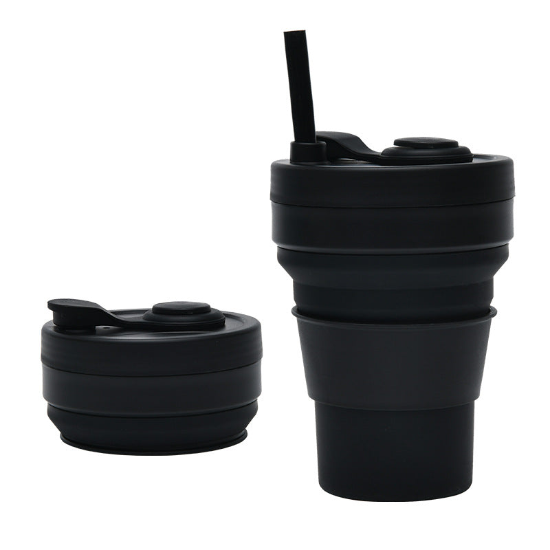 2 Pcs Black 350ml Collapsible Silicone Travel Cup - Portable, Leak - Proof & Food - Grade Drinking Mug with Lid, Insulating Sleeve & Straw - Factory Direct Shop