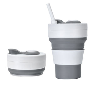 2 Pcs White and Grey 350ml Collapsible Silicone Travel Cup - Portable, Leak - Proof & Food - Grade Drinking Mug with Lid, Insulating Sleeve & Straw - Factory Direct Shop