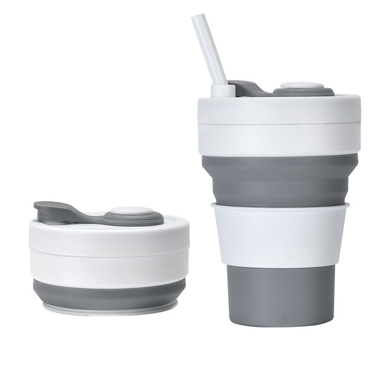 2 Pcs White and Grey 350ml Collapsible Silicone Travel Cup - Portable, Leak - Proof & Food - Grade Drinking Mug with Lid, Insulating Sleeve & Straw - Factory Direct Shop