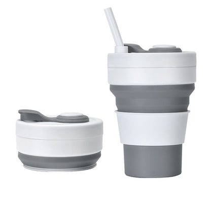 2 Pcs White and Grey 350ml Collapsible Silicone Travel Cup - Portable, Leak - Proof & Food - Grade Drinking Mug with Lid, Insulating Sleeve & Straw - Factory Direct Shop