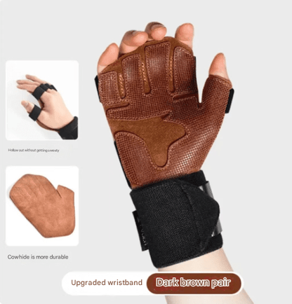 Gym Gloves - L - Dark Brown Premium Leather Weightlifting - Factory Direct Shop