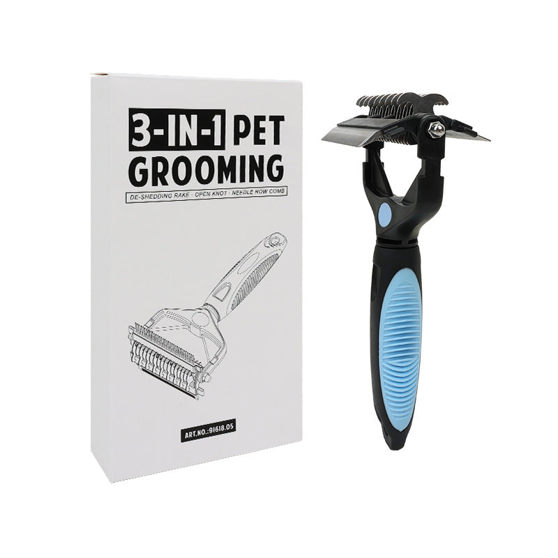 Blue and Black Professional 3 - in - 1 Pet Grooming Tool - Dematting Rake, Deshedding Comb & Finishing Brush for Dogs & Cats - Factory Direct Shop