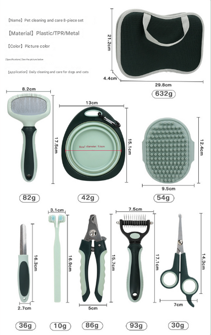 Grey and Green Complete 8 - Piece Pet Grooming Kit - Essential Dog & Cat Care Tools with Brushes, Nail Clippers, Scissors & Portable Case - Factory Direct Shop