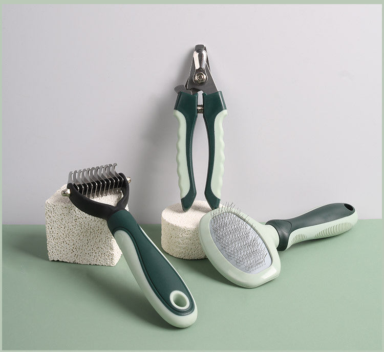 Grey and Green Complete 8 - Piece Pet Grooming Kit - Essential Dog & Cat Care Tools with Brushes, Nail Clippers, Scissors & Portable Case - Factory Direct Shop