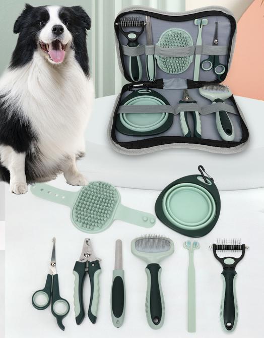 Grey and Green Complete 8 - Piece Pet Grooming Kit - Essential Dog & Cat Care Tools with Brushes, Nail Clippers, Scissors & Portable Case - Factory Direct Shop