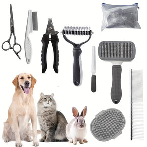 Grey Professional 9 - Piece Pet Grooming Kit - DeShedding Brushes, Nail Clippers, Combs & Scissors Set for Dogs, Cats & Rabbits with Storage Bag - Factory Direct Shop