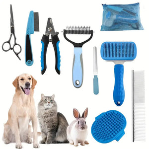 Blue Professional 9 - Piece Pet Grooming Kit - DeShedding Brushes, Nail Clippers, Combs & Scissors Set for Dogs, Cats & Rabbits with Storage Bag - Factory Direct Shop