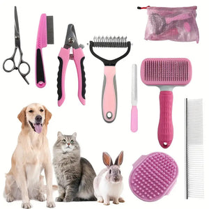 Pink Professional 9 - Piece Pet Grooming Kit - DeShedding Brushes, Nail Clippers, Combs & Scissors Set for Dogs, Cats & Rabbits with Storage Bag - Factory Direct Shop