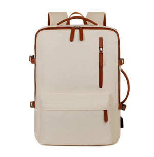 Beige Expandable Laptop Backpack with USB Port - Stylish Travel & Business Daypack