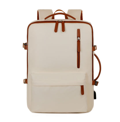 Beige Expandable Laptop Backpack with USB Port - Stylish Travel & Business Daypack