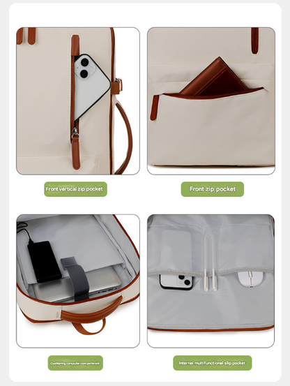 Beige Expandable Laptop Backpack with USB Port - Stylish Travel & Business Daypack