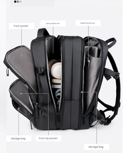 Black Expandable Business Travel Backpack with USB Charging Port - Water-Resistant Laptop Bag for Commuting & Carry-On