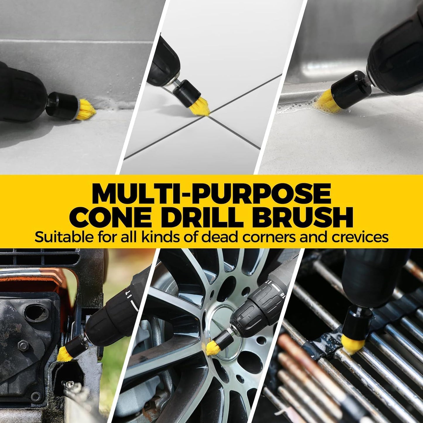 Yellow and Black Complete 7-Piece Drill Brush Power Scrubber Set - All-Purpose Cleaning Kit for Bathroom, Tile, Car Detailing & More