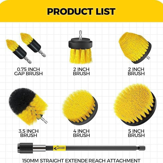 Yellow and Black Complete 7-Piece Drill Brush Power Scrubber Set - All-Purpose Cleaning Kit for Bathroom, Tile, Car Detailing & More