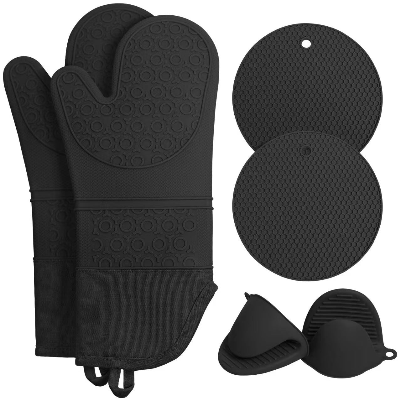 Black 6 - Piece Silicone Oven Mitts and Pot Holders Set - Extra Long Waterproof Heat Resistant Gloves with Non - Slip Grip for Kitchen Baking BBQ - Factory Direct Shop
