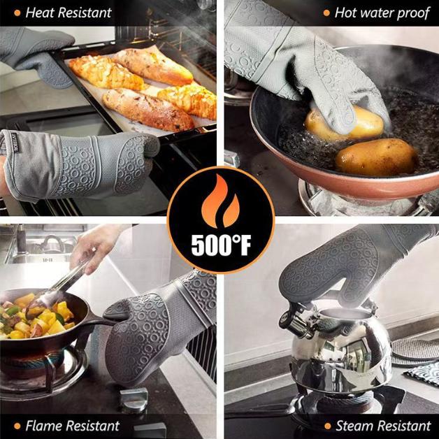 Black 6 - Piece Silicone Oven Mitts and Pot Holders Set - Extra Long Waterproof Heat Resistant Gloves with Non - Slip Grip for Kitchen Baking BBQ - Factory Direct Shop