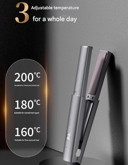 Dark Grey Compact Cordless Hair Straightener - Portable 2-in-1 Mini Flat Iron, USB-C Rechargeable for Travel & Touch-ups