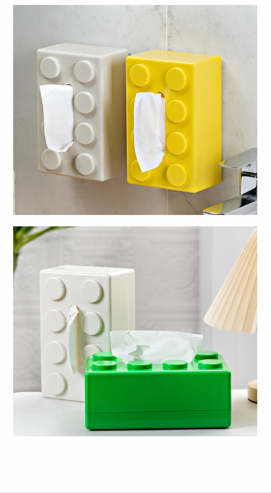 Yellow 2 Pcs Creative Building Block Tissue Box Holder - Wall - Mounted & Desktop Dispenser for Bathroom, Kids Room & Office Decor - Factory Direct Shop