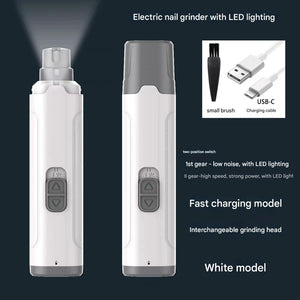 White Quiet Electric Pet Nail Grinder with LED Light - 2 - Speed USB - C Rechargeable Trimmer for Dogs & Cats Grooming - Factory Direct Shop