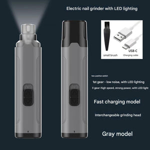 Grey Quiet Electric Pet Nail Grinder with LED Light - 2 - Speed USB - C Rechargeable Trimmer for Dogs & Cats Grooming - Factory Direct Shop