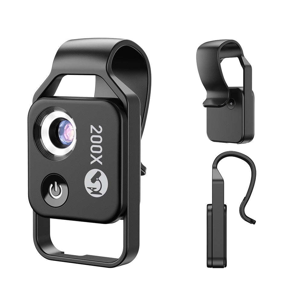 Black Portable 200X Clip-On Microscope Lens for Smartphone - HD Pocket Magnifier with CPL Filter and LED Light(excluding mobile phones)