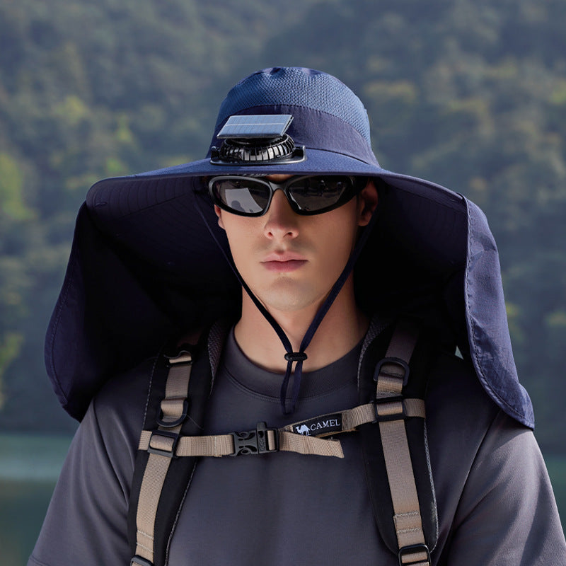 Navy Blue Outdoor Solar Fan Sun Hat - Large Brim Fishing Hiking Hat with Neck Cape