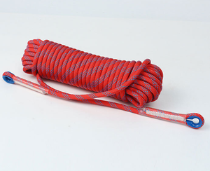 Red Climbing Rope with blue clips on a white background