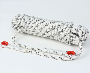White Climbing Rope with black pattern and red clips on a light grey background