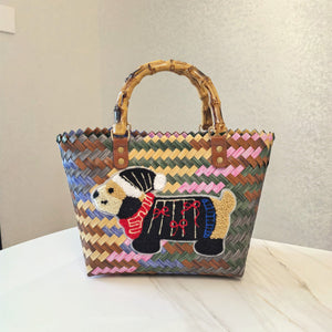 Black - coated Dog Vintage Striped Dachshund Woven Tote Bag - Stylish Hand - Carry Beach Bag for Women - Factory Direct Shop