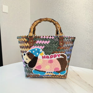 Happy Dog Vintage Striped Dachshund Woven Tote Bag - Stylish Hand-Carry Beach Bag for Women