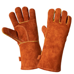 Coffee 14-Inch Premium Leather BBQ Gloves - Heat-Resistant Up to 500°C